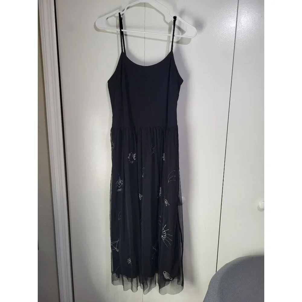 BONGO SZ LG Black Tulle Midi Dress Embroidered Whimsigoth Dark Grunge Emo y2k - Picture 2 of 10